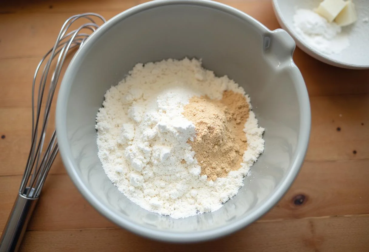 Mistura de farinha, açúcar e fermento em um bowl para fazer Bolinho de Chuva Aconchegante.