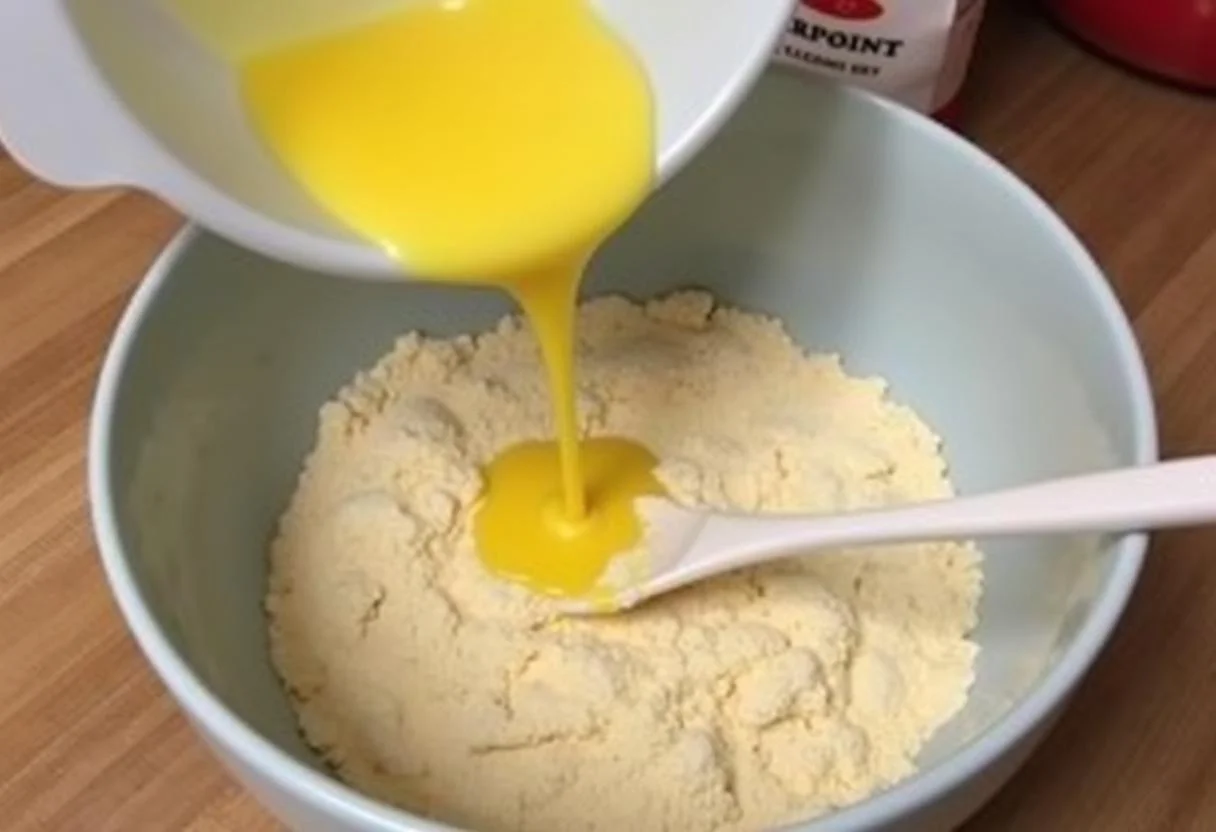 Mistura de ovos sendo adicionada aos ingredientes secos para o Bolinho de Chuva Aconchegante.