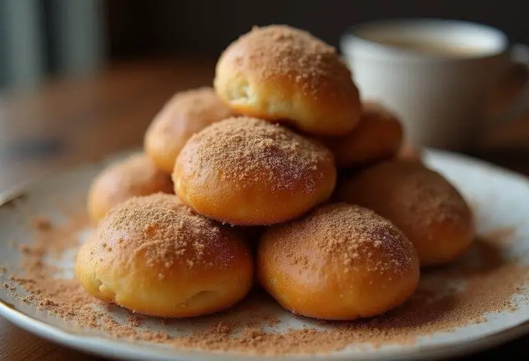 Bolinho de chuva dourado e crocante, polvilhado com açúcar e canela, pronto para servir.