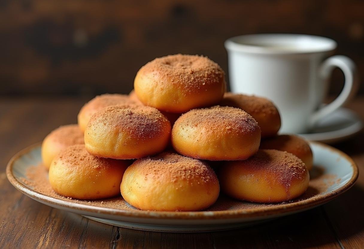 Bolinho de chuva dourado e crocante, polvilhado com açúcar e canela, pronto para servir.