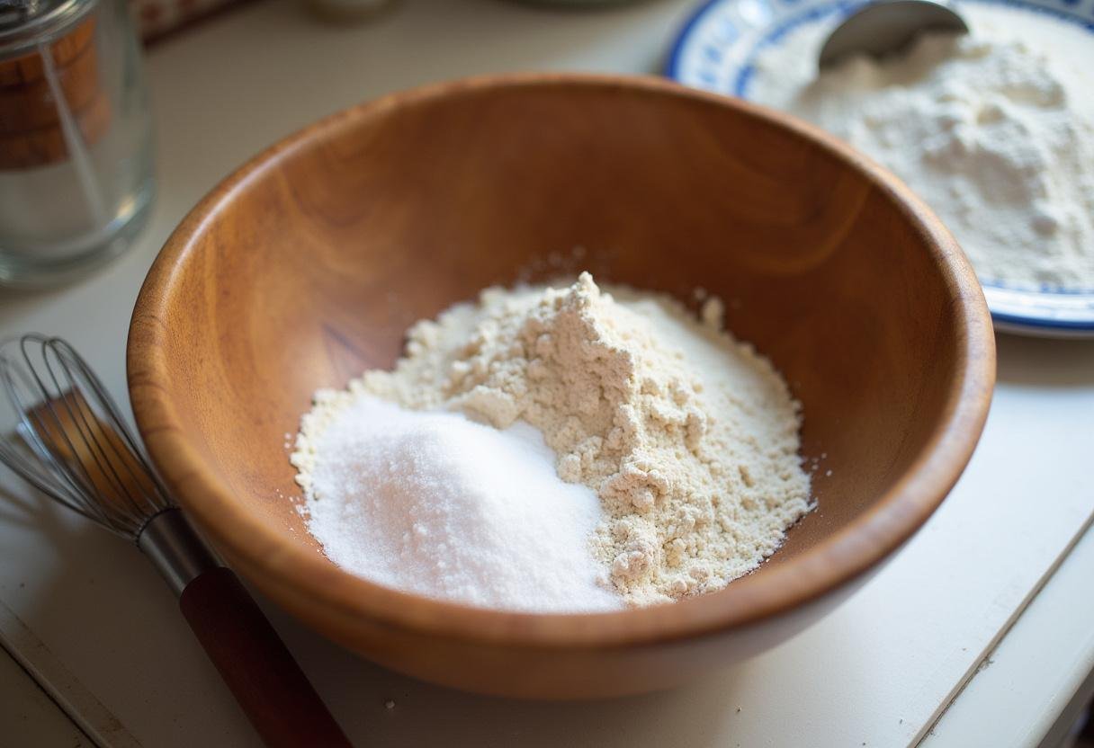 Ingredientes secos em uma tigela de madeira para preparar bolinho de chuva.