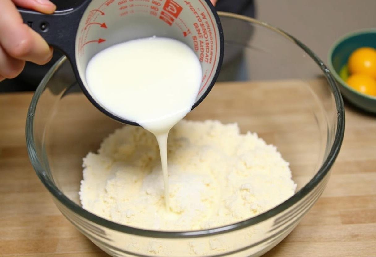 Leite sendo adicionado aos ingredientes secos para a massa do bolinho de chuva.
