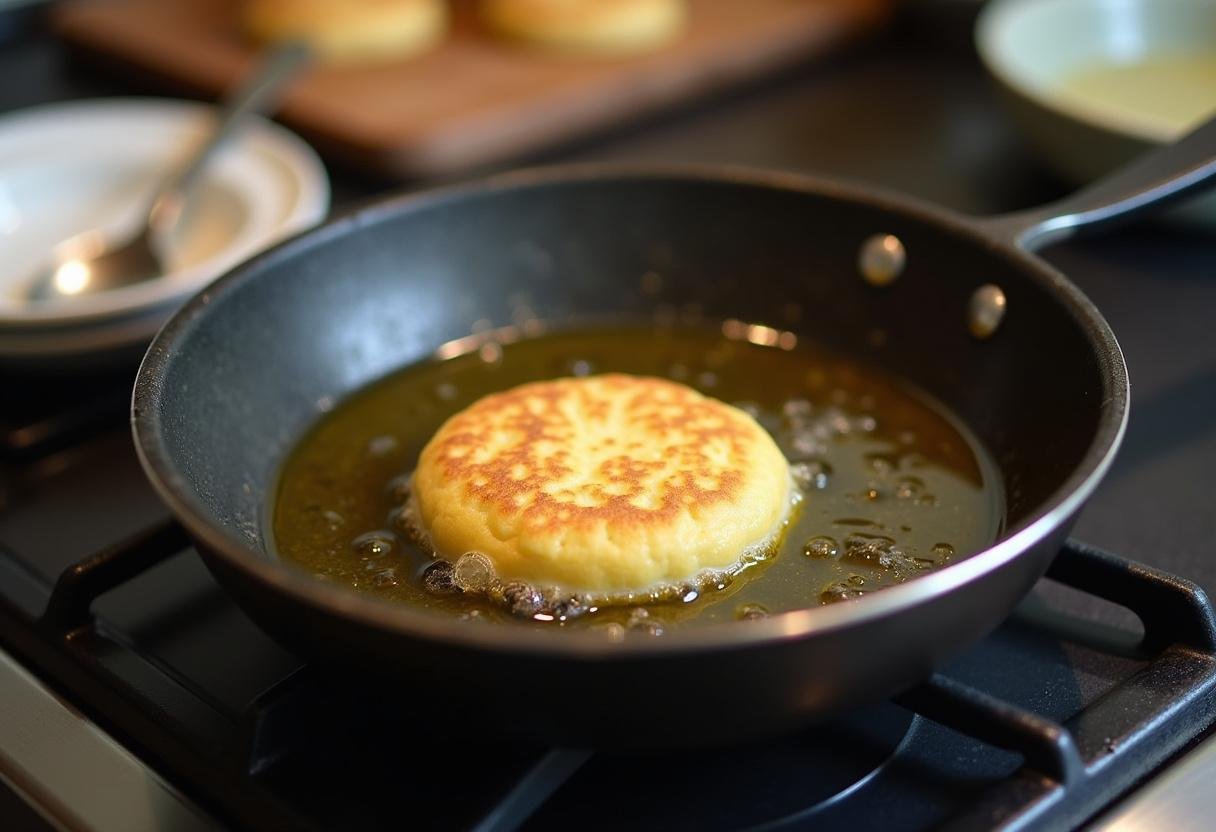 Frigideira com óleo quente pronto para fritar os bolinhos de chuva.