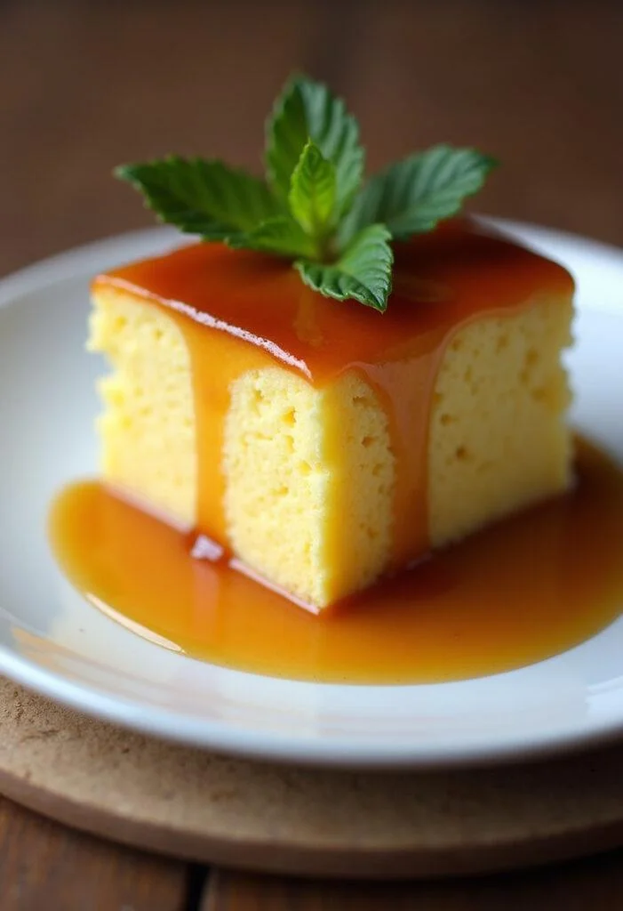 Fatias de Bolo de Abacaxi Caramelizado quentes, decoradas com caramelo e hortelã, prontas para servir.