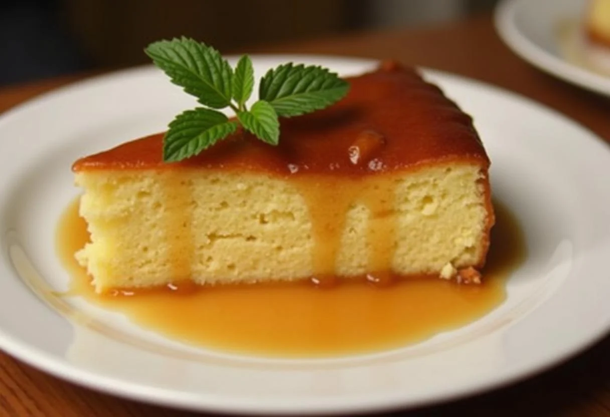 Fatias de Bolo de Abacaxi Caramelizado quentes, decoradas com caramelo e hortelã, prontas para servir.