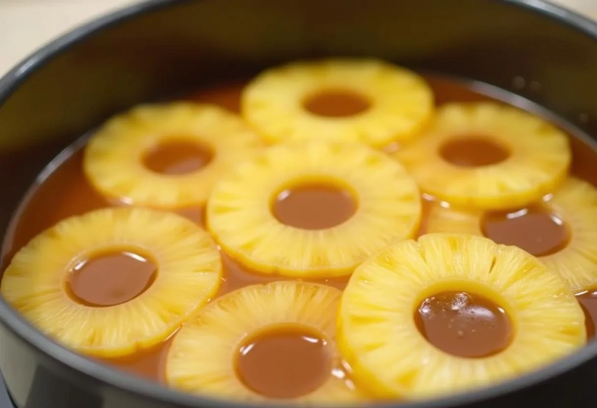 Fatias de abacaxi frescas dispostas em um molde de bolo para Bolo de Abacaxi Caramelizado.