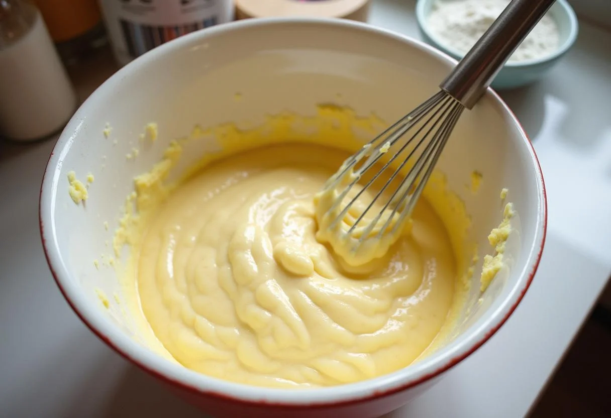 Mistura da massa de bolo sendo preparada para o Bolo de Abacaxi Caramelizado.