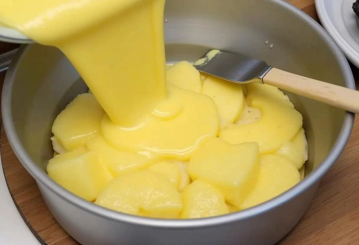 Massa de bolo sendo vertida sobre as fatias de abacaxi no molde para Bolo de Abacaxi Caramelizado.