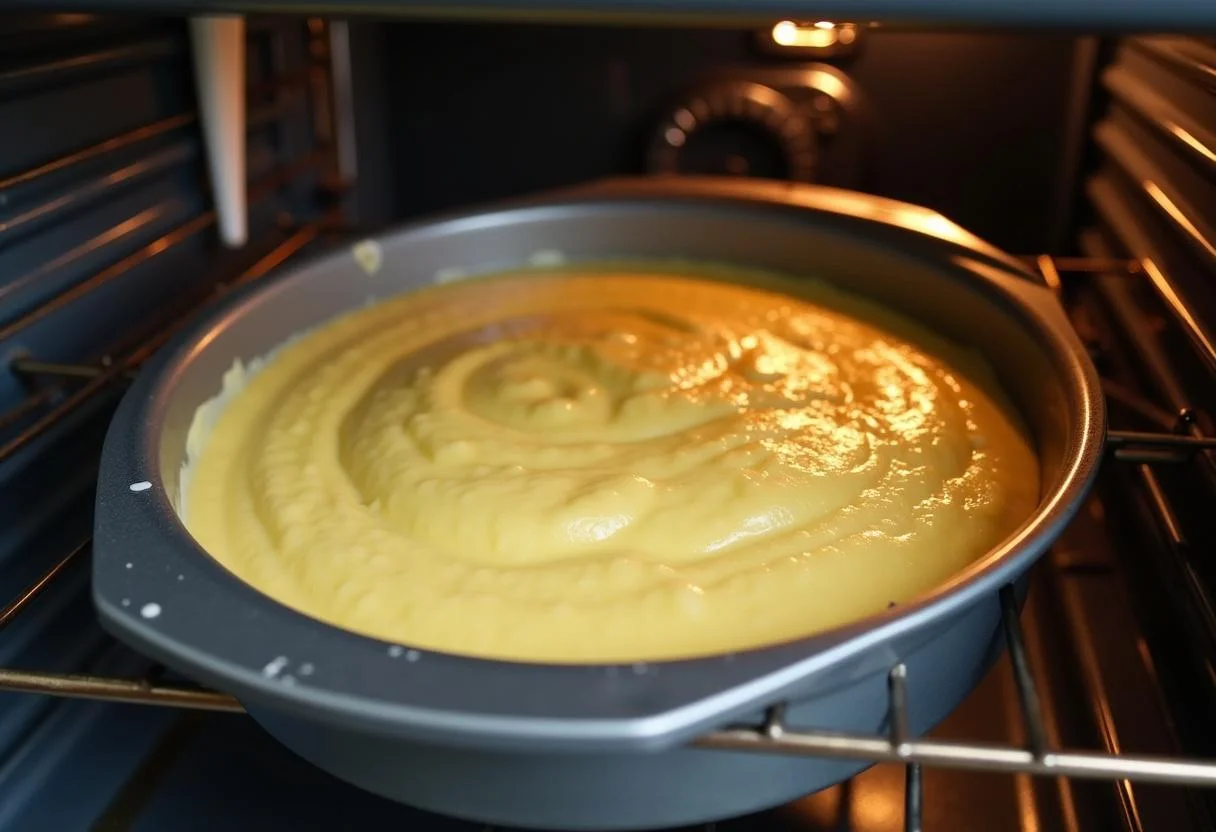 Forma de bolo com abacaxi e massa sendo colocada no forno.