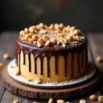 Bolo de Amendoim com Chocolate finalizado, decorado com ganache de chocolate e amendoins.