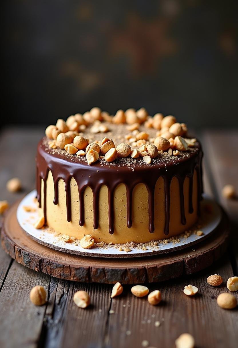 Fatia final de bolo de amendoim com chocolate decorada, ideal para servir em festas.