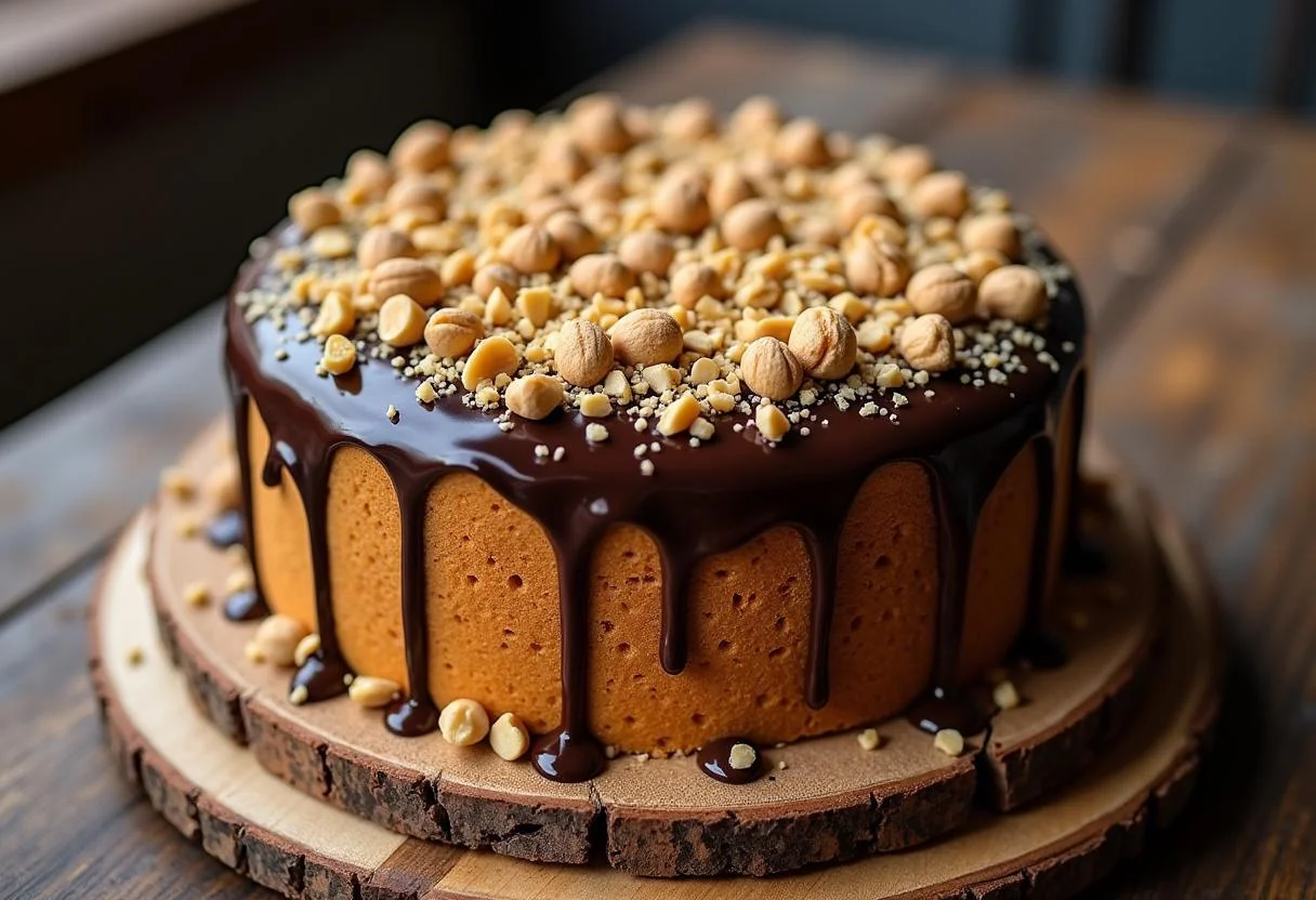 Fatia final de bolo de amendoim com chocolate decorada, ideal para servir em festas.