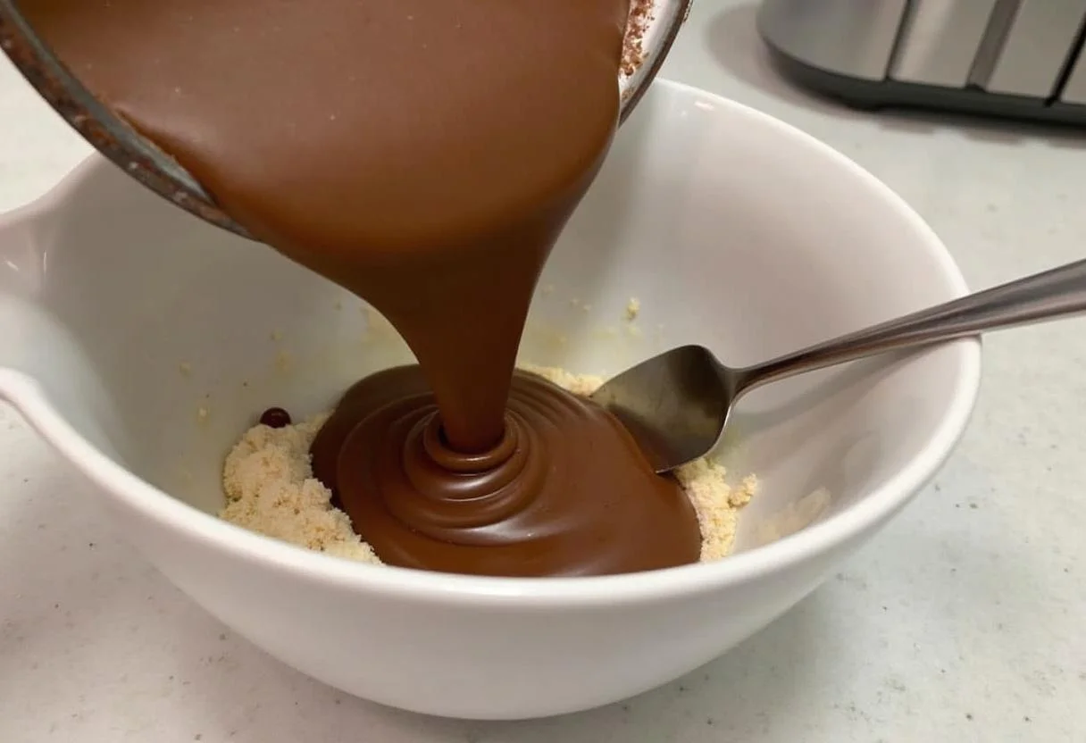 Massa do bolo de amendoim com chocolate sendo amassada em uma tigela.