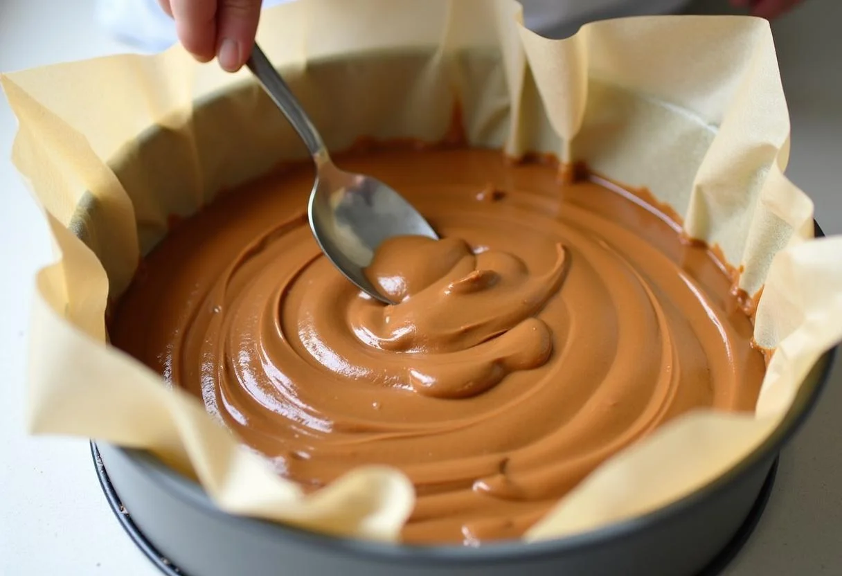 Forma de bolo sendo preenchida com a massa de amendoim e chocolate.