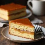 Fatia de Bolo de Amendoim com Doce de Leite com caramelo, perfeita para servir.