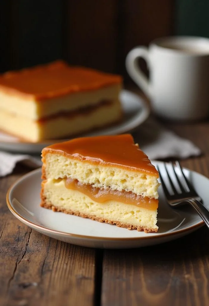 Fatias de bolo de amendoim com doce de leite, prontas para serem servidas.