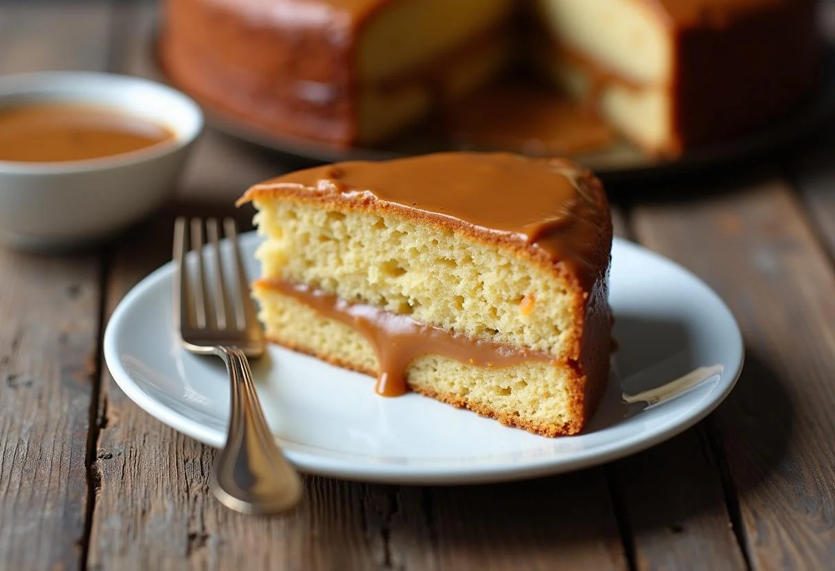 Fatias de bolo de amendoim com doce de leite, prontas para serem servidas.