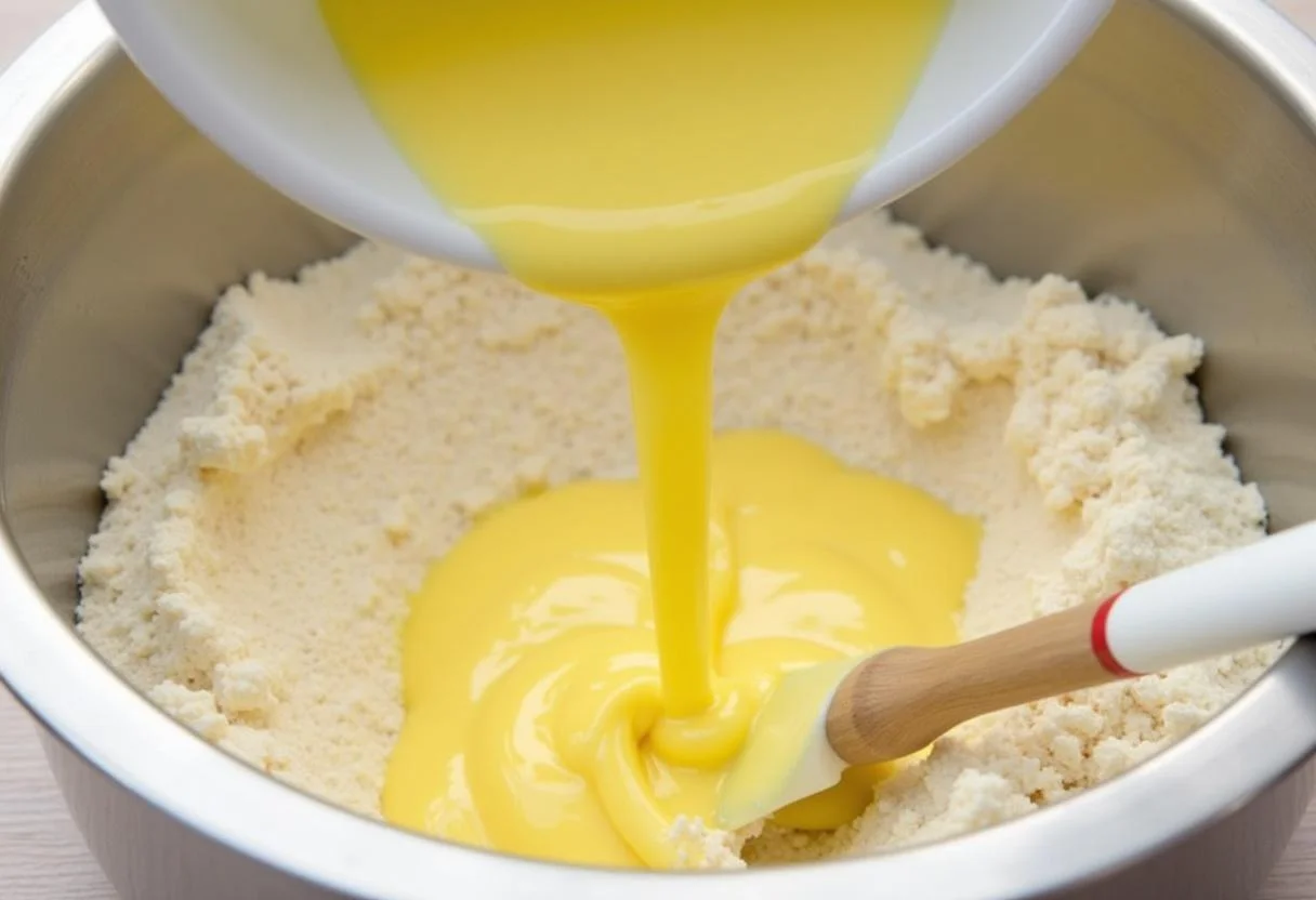 Mistura de manteiga derretida e leite sendo adicionada aos ingredientes secos para o bolo de amendoim.
