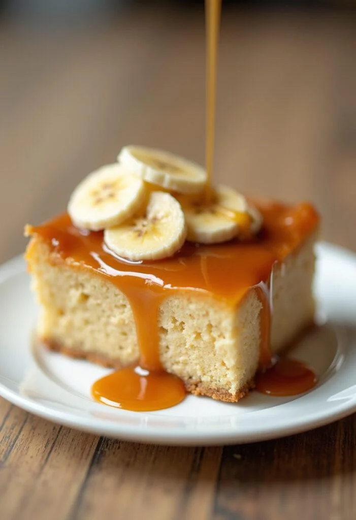 Bolo de banana caramelizada servido em um prato com calda de caramelo e fatias de banana.