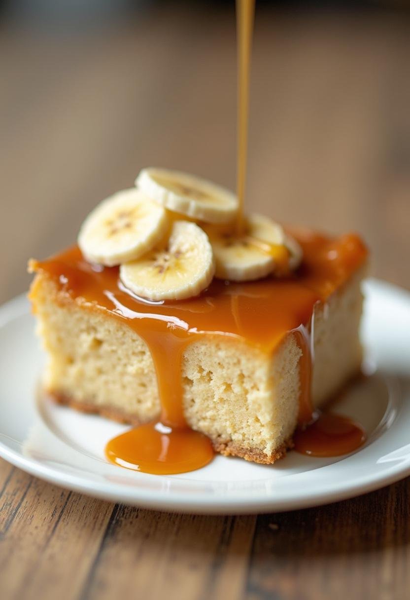 Bolo de banana caramelizada servido em um prato com calda de caramelo e fatias de banana.