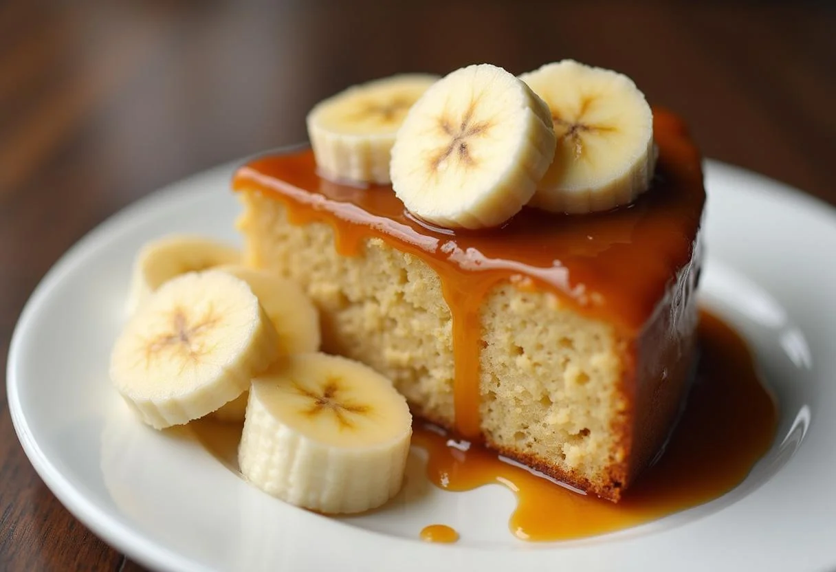 Bolo de banana caramelizada servido em um prato com calda de caramelo e fatias de banana.