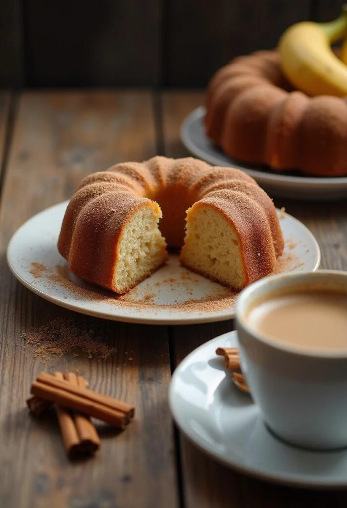 Delicious slice of Bolo de Banana com Canela served with coffee, perfect for breakfast.