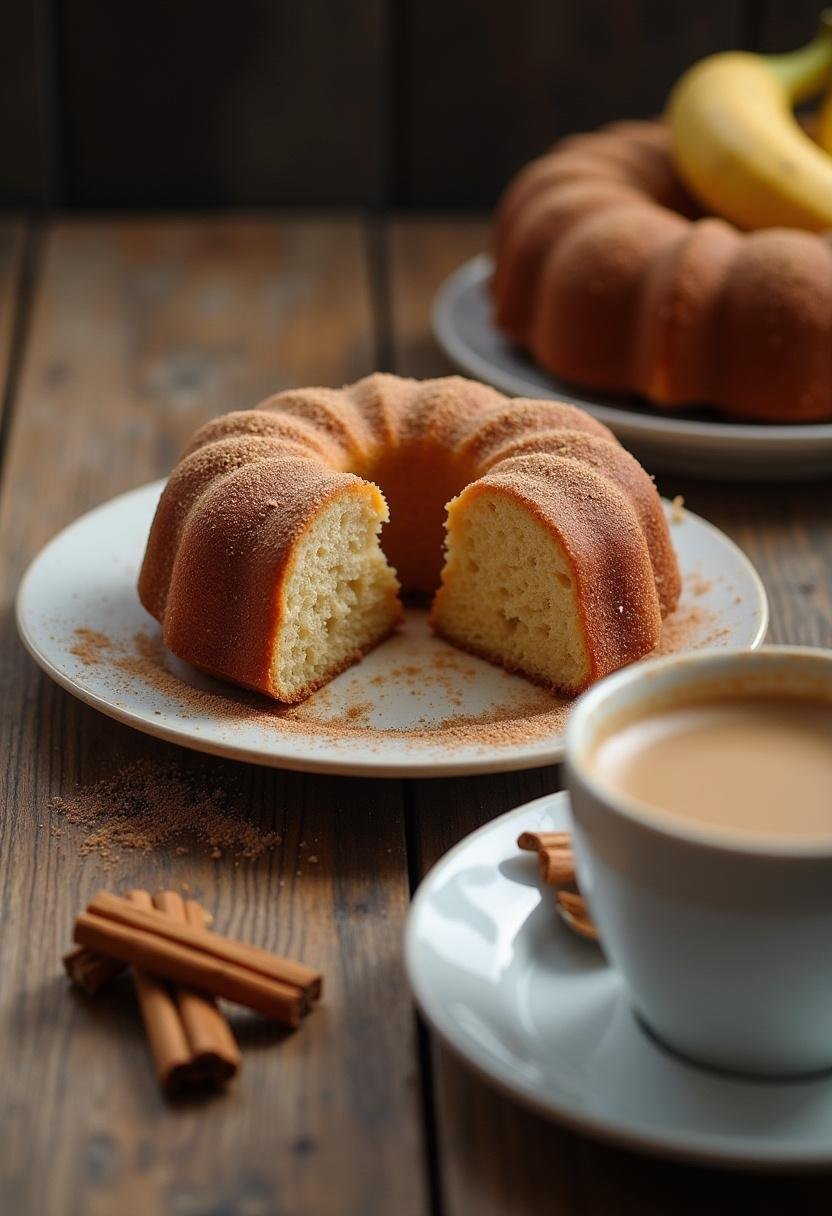 Delicious slice of Bolo de Banana com Canela served with coffee, perfect for breakfast.