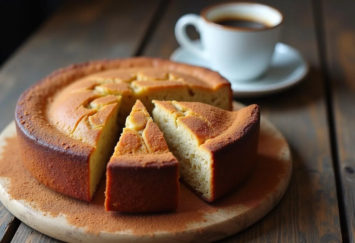 Deliciosa fatia de Bolo de Banana com Canela servida com café, perfeito para o café da manhã.