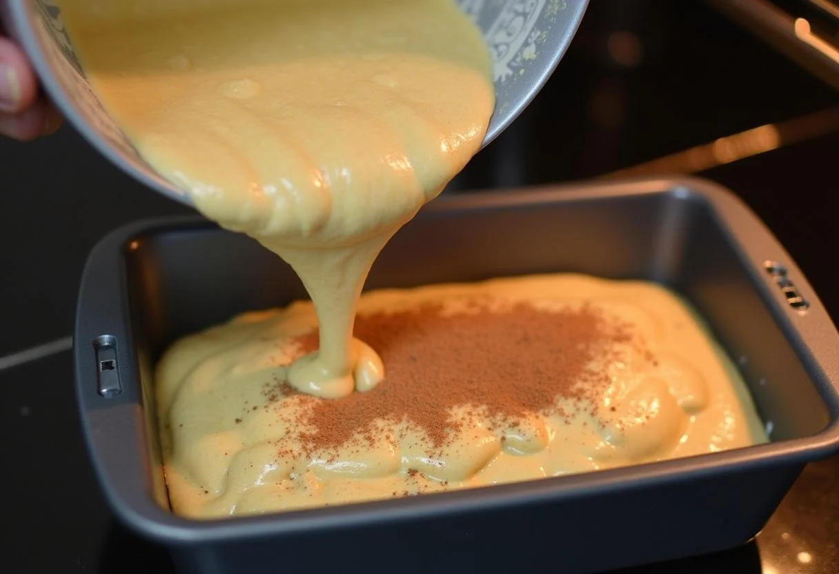 Massa a ser despejada numa assadeira para Bolo de Banana com Canela.