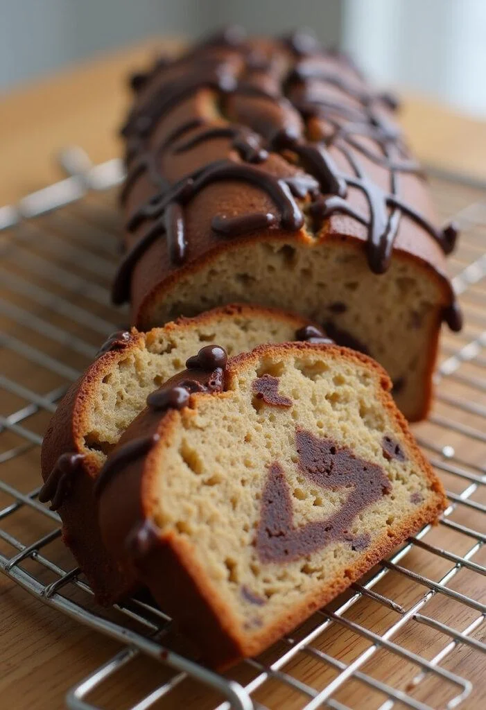 Bolo de Banana com Chocolate acabado, decorado com chocolate derretido e fatias de banana.