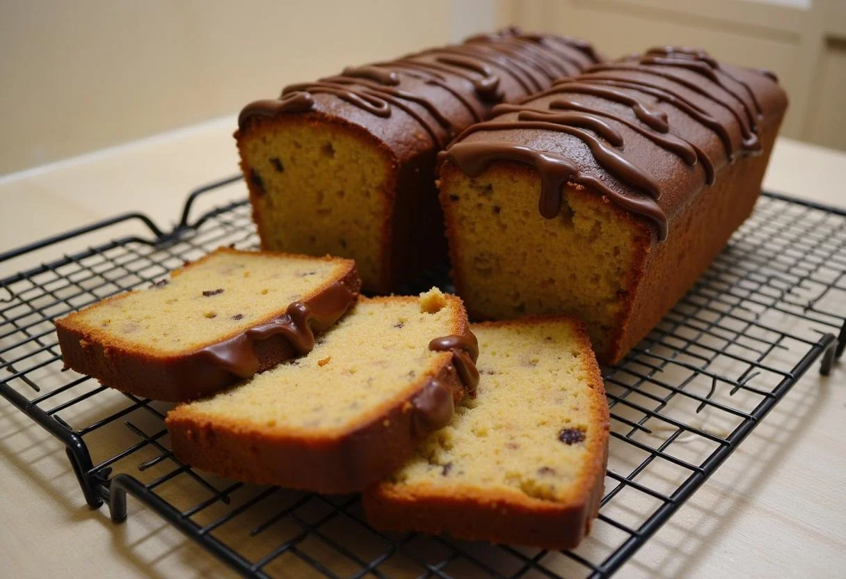 Bolo de Banana com Chocolate acabado, decorado com chocolate derretido e fatias de banana.