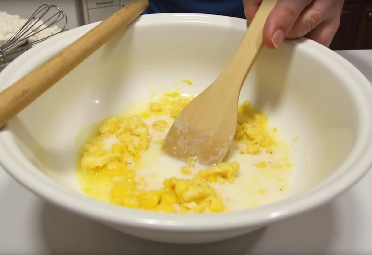 Combining mashed bananas, sugar and melted butter for Bolo de Banana com Chocolate.