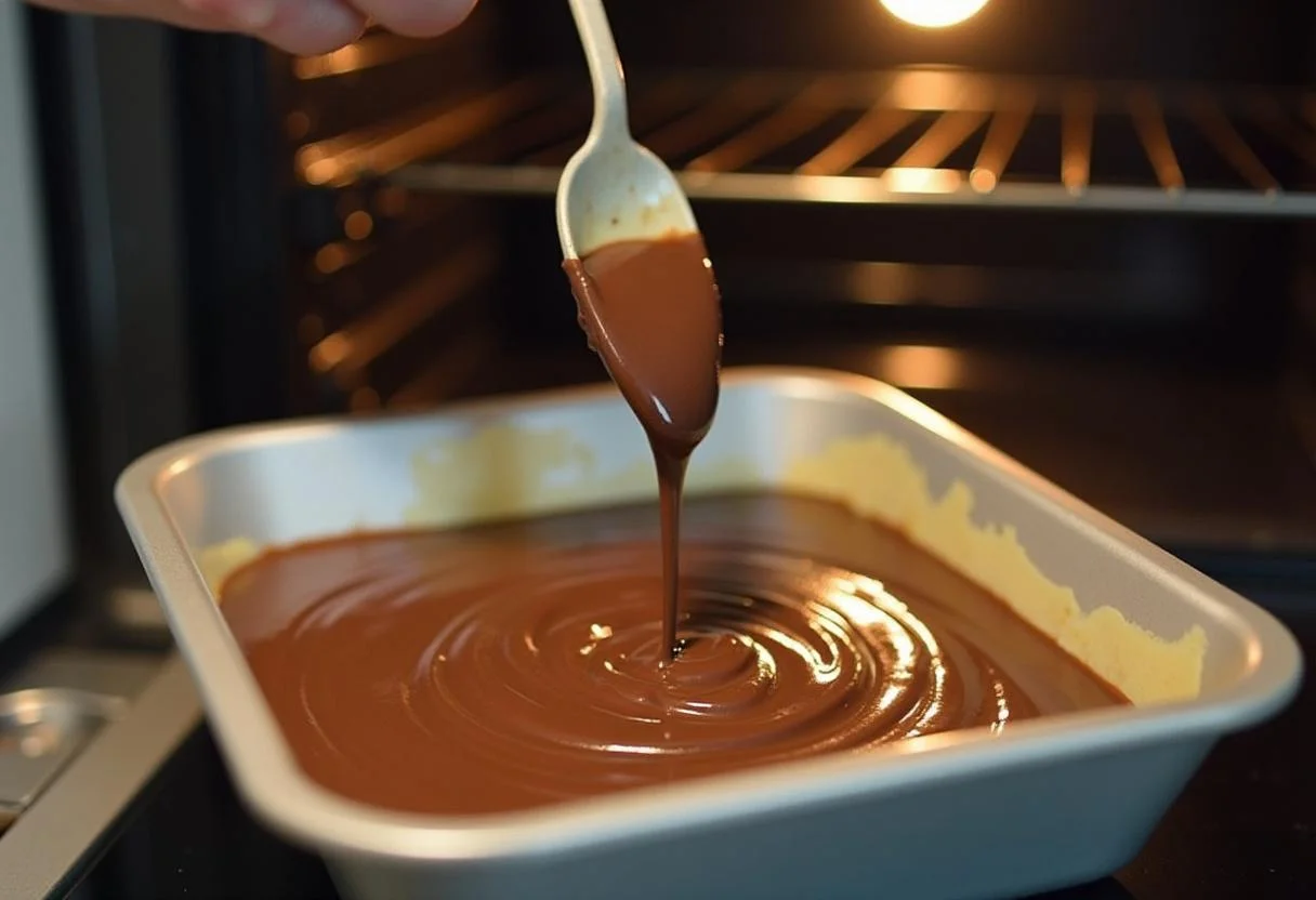 Forma sendo preenchida com a massa de Bolo de Banana com Chocolate antes de assar.