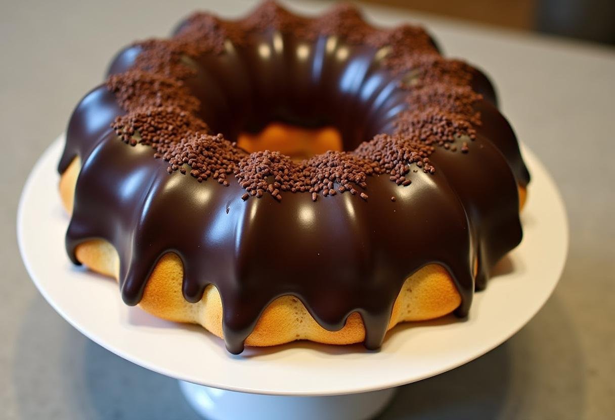 Bolo de brigadeiro irresistível finalizado com ganache de chocolate e granulado, pronto para servir.