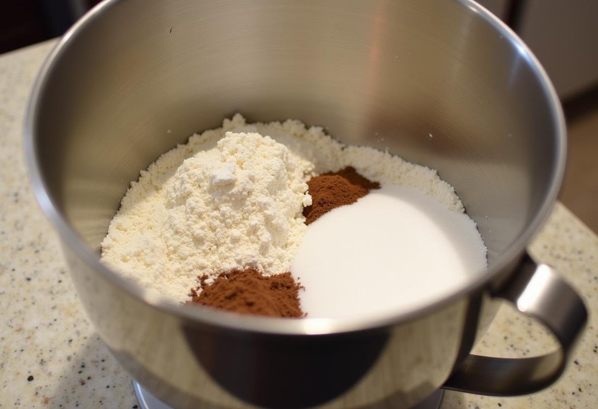 Ingredientes secos para o bolo de brigadeiro irresistível prontos para mistura.