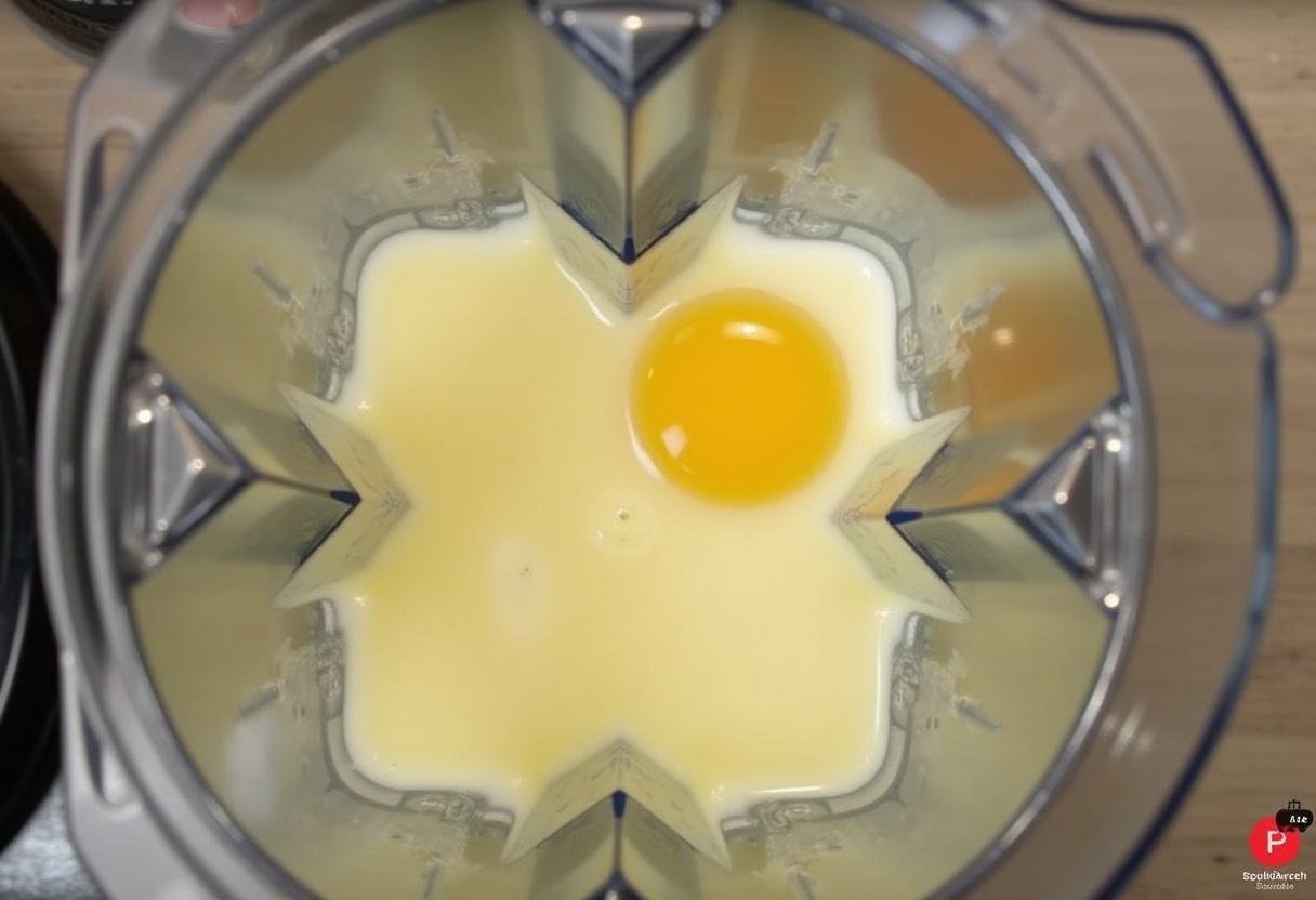 Liquidificador misturando os ingredientes líquidos para o bolo de brigadeiro.