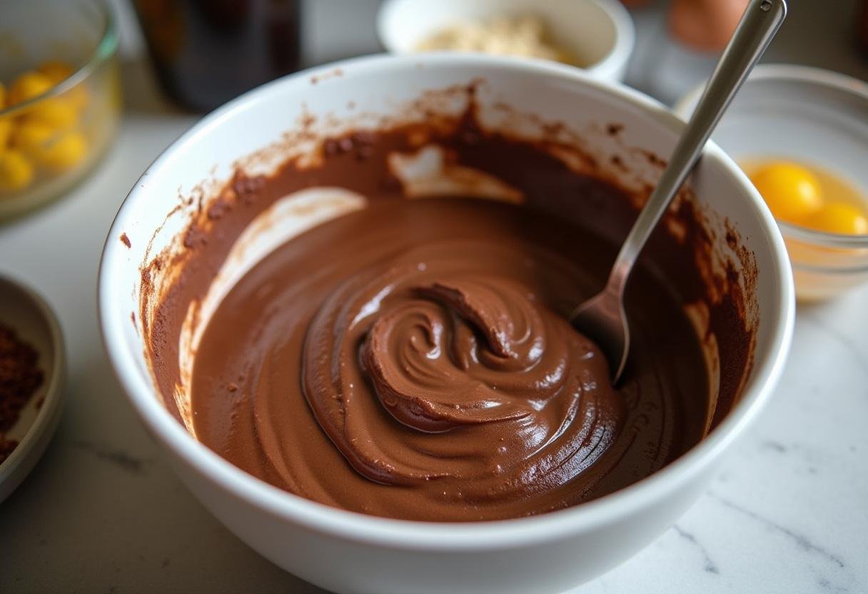 Massa de bolo de chocolate sendo misturada para o Bolo de Brigadeiro Irresistível.