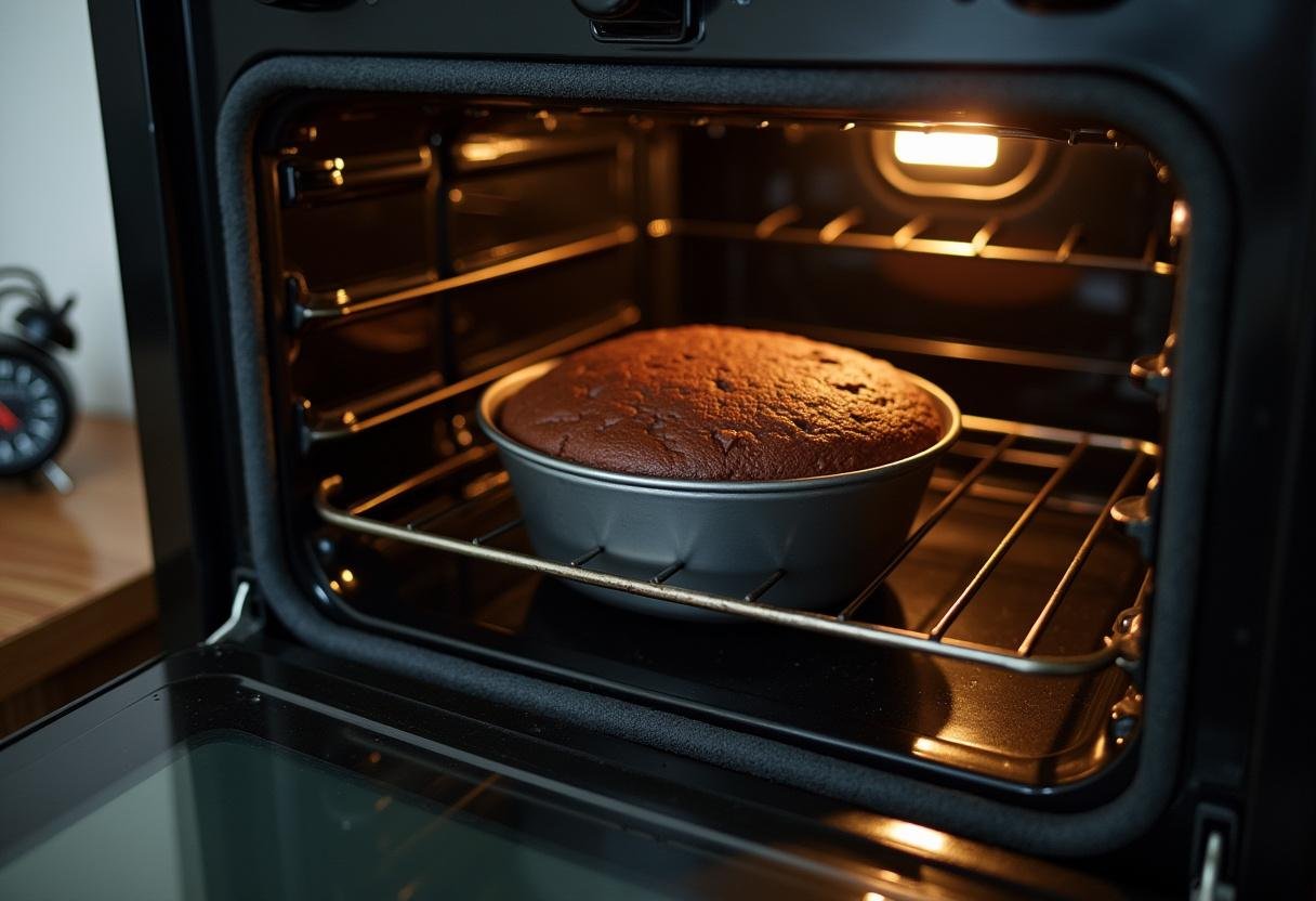 Bolo de chocolate assando no forno para o Bolo de Brigadeiro Irresistível.