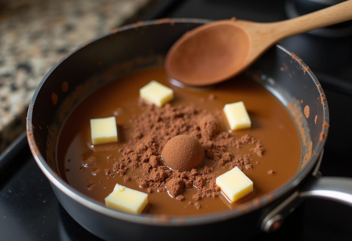 Preparação do brigadeiro em uma panela para o Bolo de Brigadeiro Irresistível.