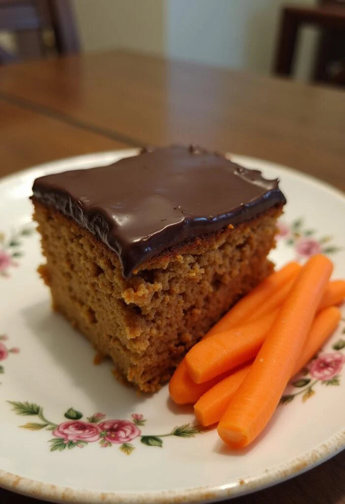 Bolo de cenoura com cobertura de chocolate servido em um prato decorativo.