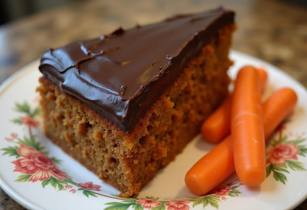 Bolo de cenoura com cobertura de chocolate servido em um prato decorativo.