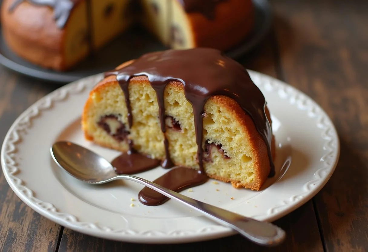 Fatia do Bolo de Cenoura com Nozes decorada com cobertura de chocolate, ideal para servir.
