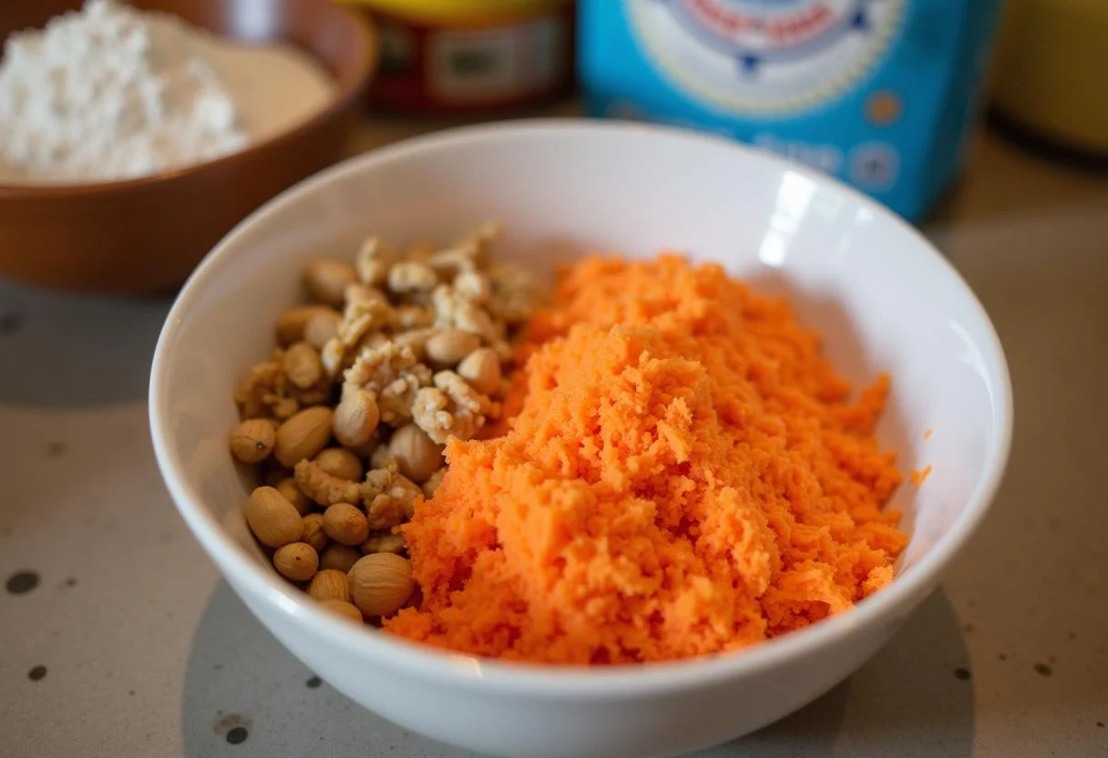 Ingredientes para Bolo de Cenoura com Nozes, incluindo cenouras raladas e nozes picadas.