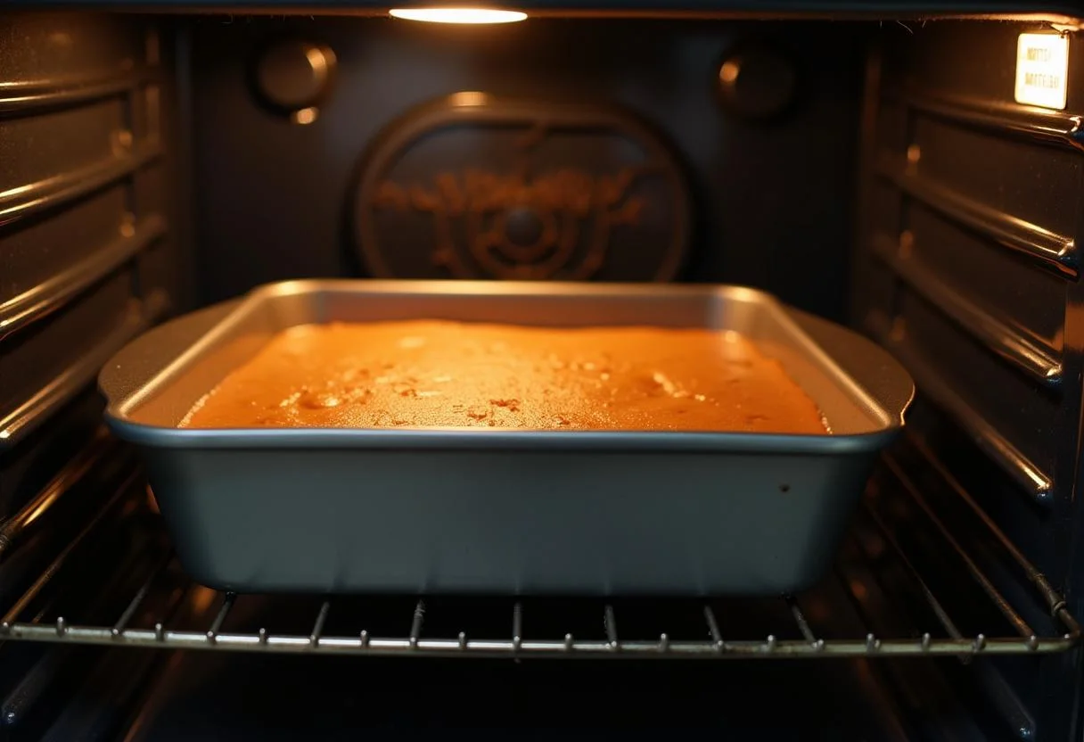 Forma de bolo de cenoura sendo colocada no forno para assar.