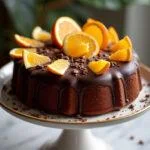 Finished Bolo de Chocolate com Laranja displayed on a cake stand, decorated with orange and chocolate for a festive touch.