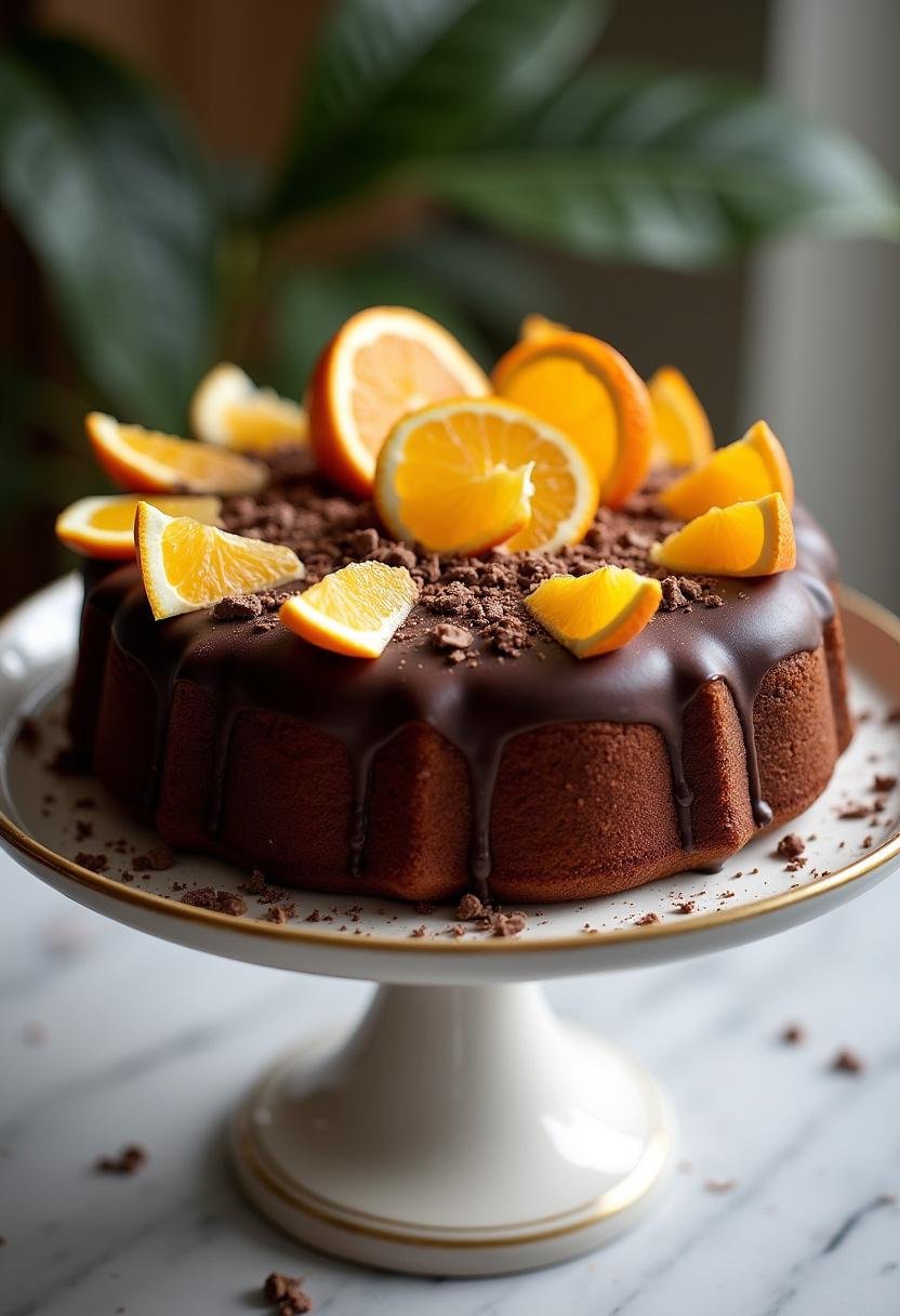 Bolo de chocolate com laranja finalizado, coberto com ganache de chocolate, pronto para servir.