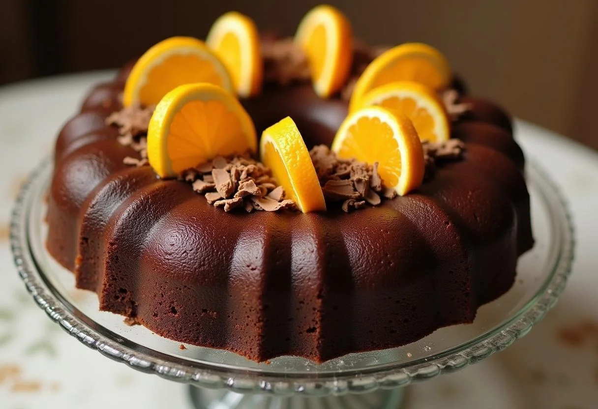 Bolo de chocolate com laranja finalizado, coberto com ganache de chocolate, pronto para servir.