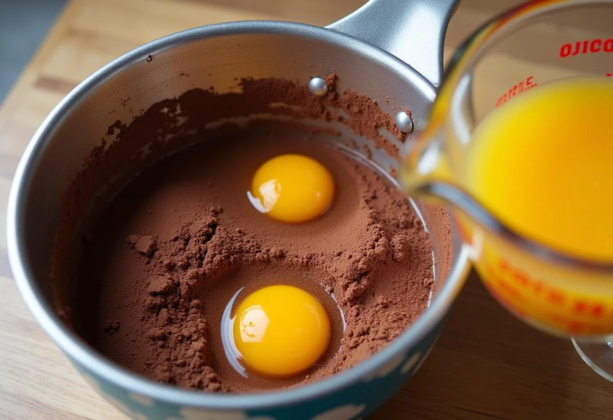 Mistura de ovos, açúcar e raspas de laranja para bolo de chocolate com laranja.