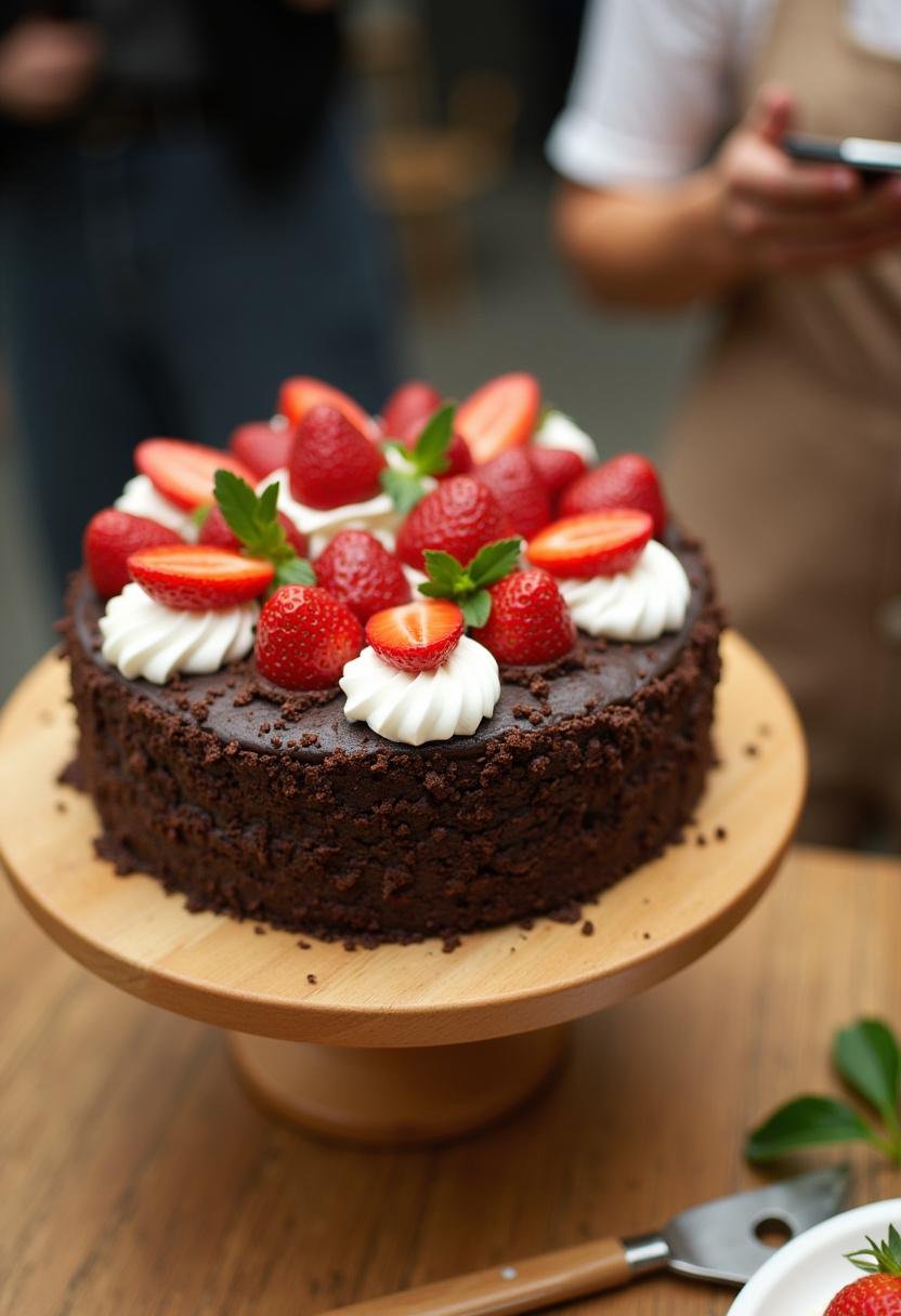 Bolo de Chocolate com Morango finalizado, decorado com morangos frescos para servir.