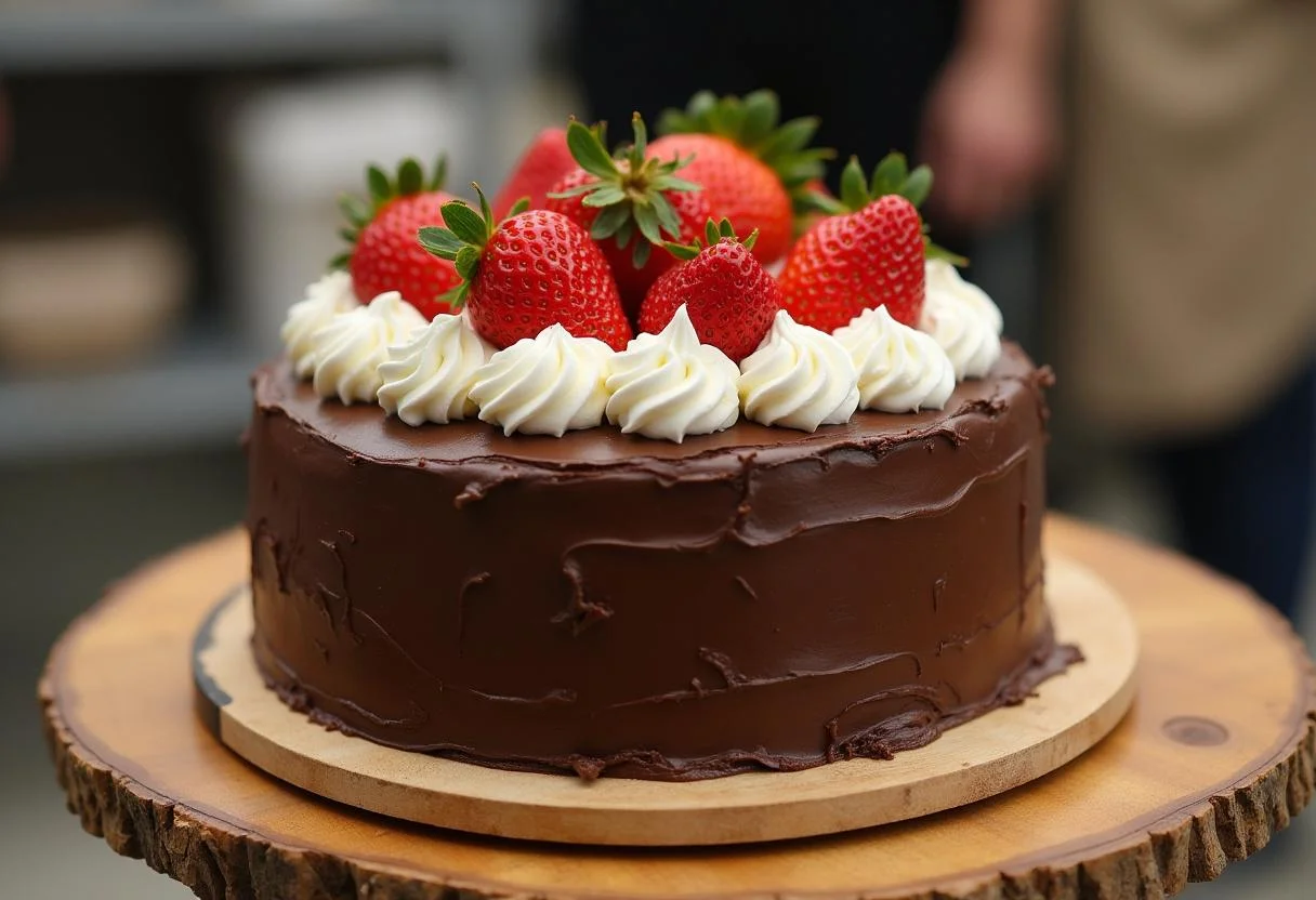 Bolo de Chocolate com Morango finalizado, decorado com morangos frescos para servir.
